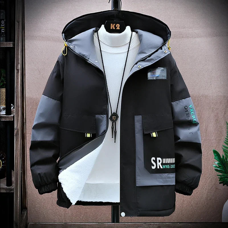 Men’s Plush-Lined Hooded Winter Jacket – Windproof Colour-Block Insulated Coat with Utility Pockets