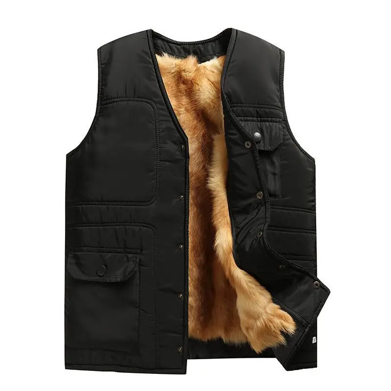 Men’s Fur-Lined Winter Bodywarmer – Warm V-Neck Sleeveless Vest with Zip and Button Closure for Cold-Weather Layering