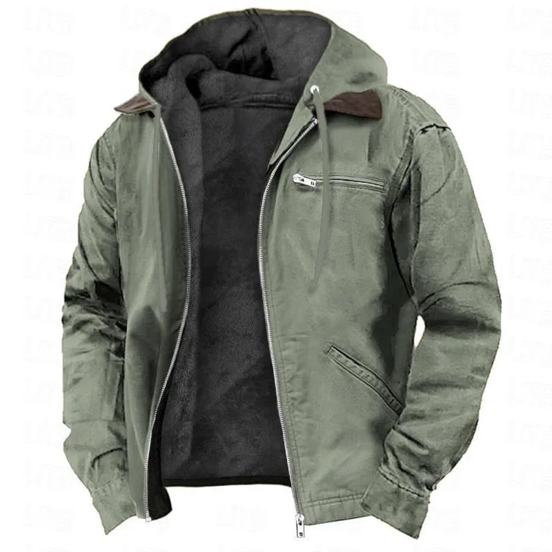 Men’s Fleece-Lined Hooded Jacket – Zip-Up Winter Coat with Multi-Pocket Utility Design
