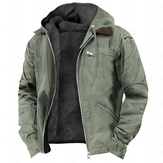 Men’s Fleece-Lined Hooded Jacket – Zip-Up Winter Coat with Multi-Pocket Utility Design