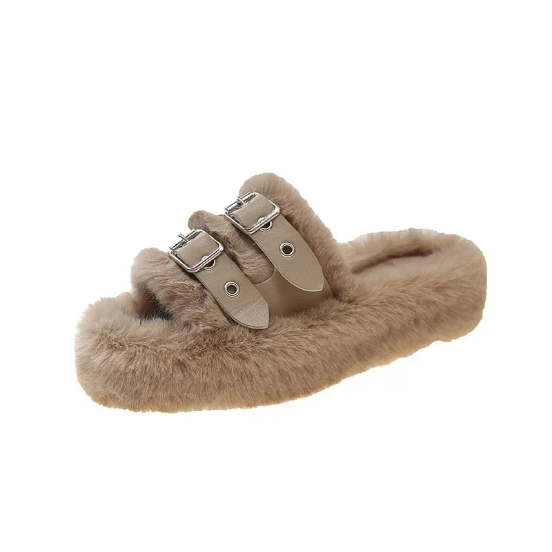 Women’s Faux-Fur Buckle Slippers – Plush Open-Toe Platform Slides with Double Adjustable Straps