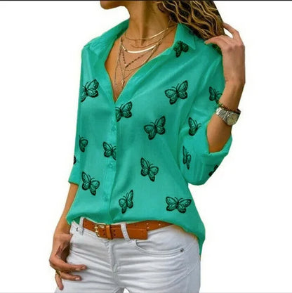 Women’s Butterfly-Print Button Shirt – Relaxed Three-Quarter Sleeve Style for Everyday Wear