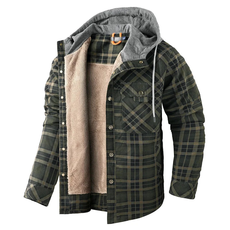 Men’s Hooded Fleece-Lined Plaid Shirt Jacket – Warm Button-Up Winter Overshirt