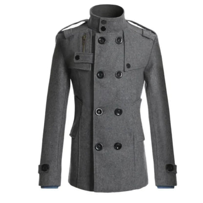 Men’s Double-Breasted Military Jacket – Structured Stand-Collar Coat with Epaulettes and Utility Pockets