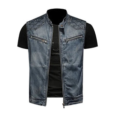 Men’s Distressed Denim Biker Vest – Zip-Front Sleeveless Layer with Quilted Shoulders and Chest Pockets