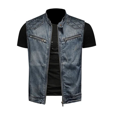 Men’s Distressed Denim Biker Vest – Zip-Front Sleeveless Layer with Quilted Shoulders and Chest Pockets