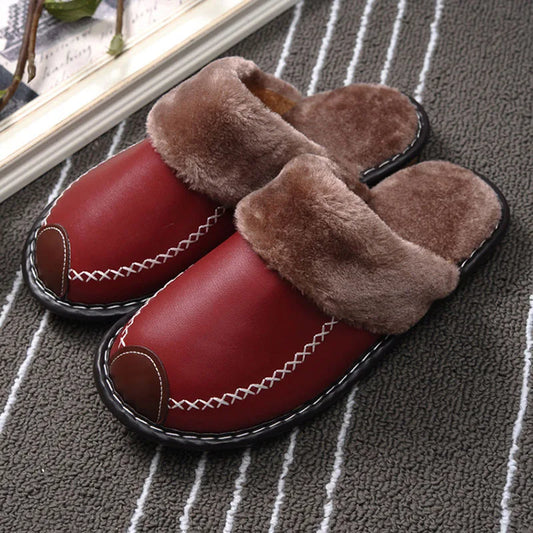 Women’s Plush-Lined Leather Winter Slippers – Warm Closed-Toe Slip-On Indoor House Shoes for Everyday Comfort