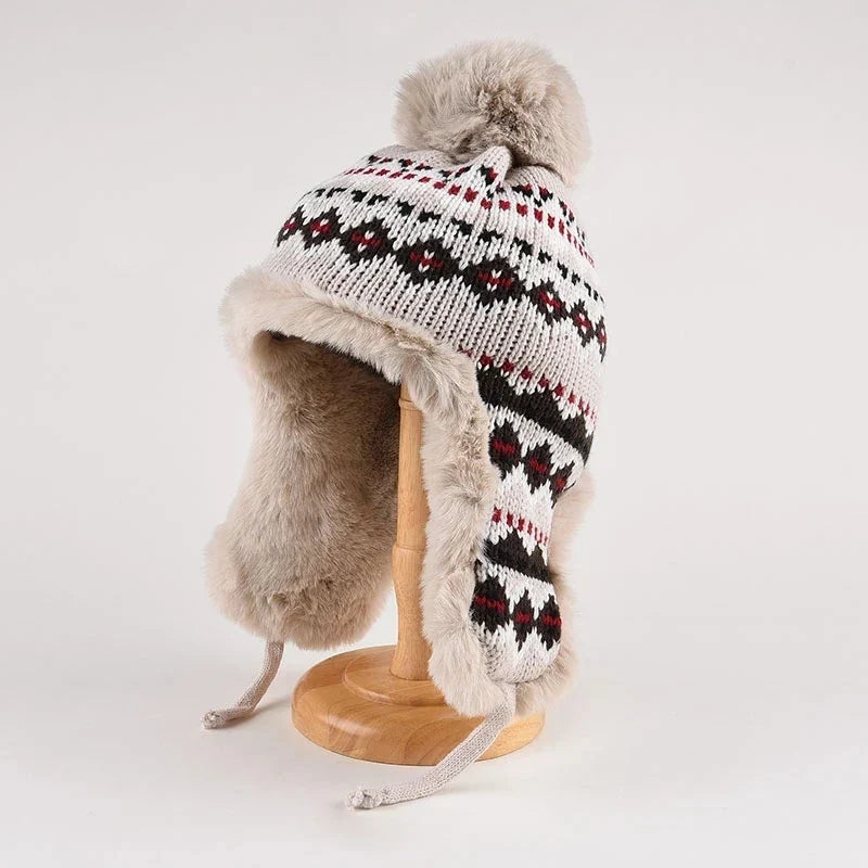 Women’s Fair Isle Trapper Hat – Plush-Lined Knit Winter Cap with Pom-Pom and Ear Flaps