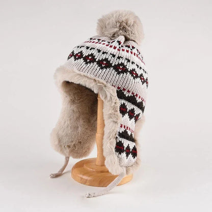 Women’s Fair Isle Trapper Hat – Plush-Lined Knit Winter Cap with Pom-Pom and Ear Flaps