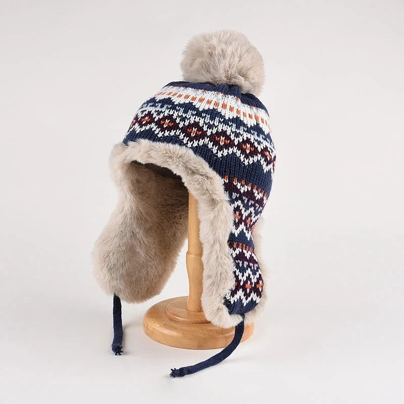 Women’s Fair Isle Trapper Hat – Plush-Lined Knit Winter Cap with Pom-Pom and Ear Flaps