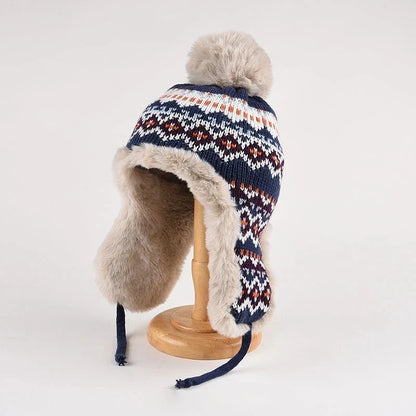 Women’s Fair Isle Trapper Hat – Plush-Lined Knit Winter Cap with Pom-Pom and Ear Flaps
