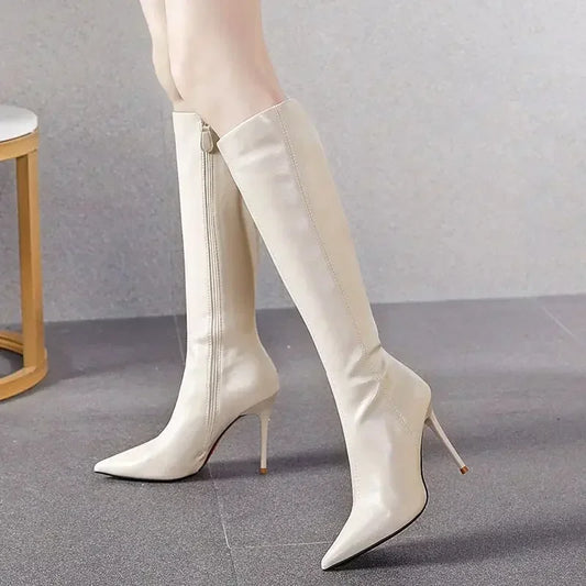 Women’s Sleek Pointed-Toe Knee-High Boots – Stiletto-Heel Side-Zip Leather-Look Winter Boots