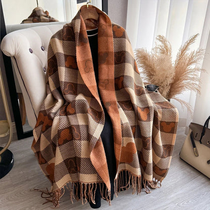 Women’s Cashmere Winter Scarf – Thick Printed Fringed Wrap for Warm Elegant Cold-Weather Layering