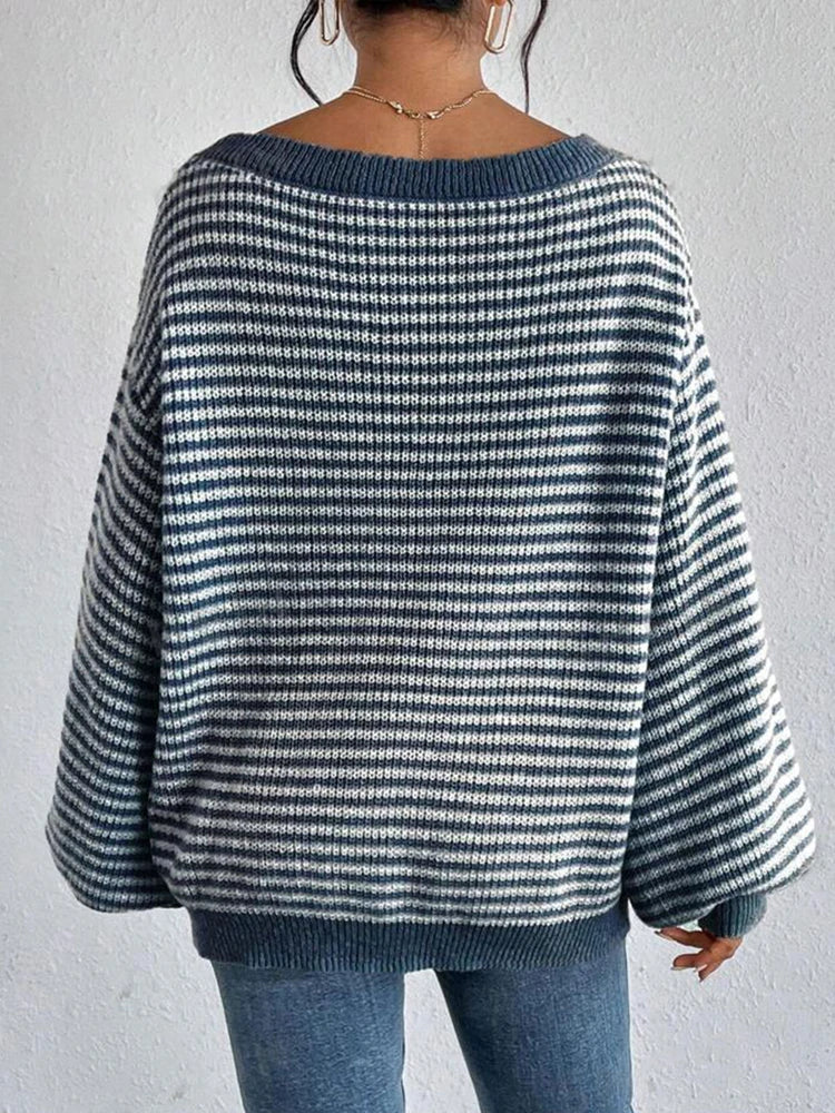 Women’s Oversized Jumper – Striped Knit with Bardot Neckline
