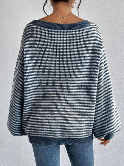 Women’s Oversized Jumper – Striped Knit with Bardot Neckline