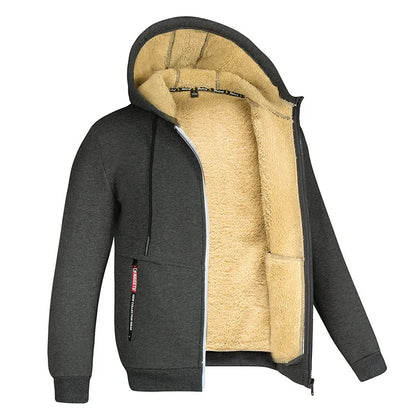 Men’s Plush Hooded Fleece Jacket – Thick Zip-Up Winter Layer with Ribbed Cuffs