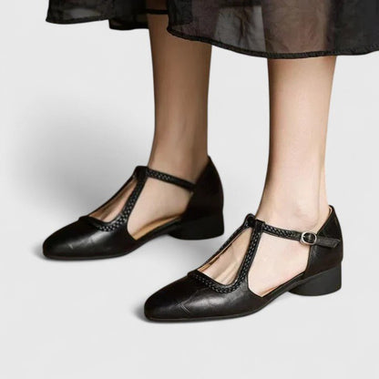 Women’s Vintage T-Bar Pumps – Braided Strap Low Block Heels for Smart Casual Wear