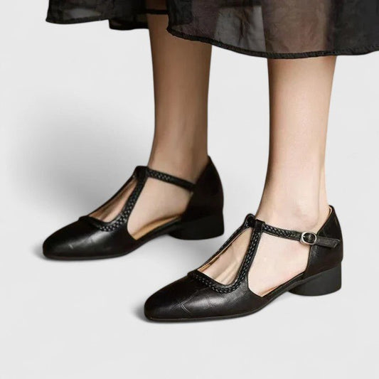 Women’s Vintage T-Bar Pumps – Braided Strap Low Block Heels for Smart Casual Wear
