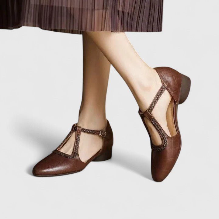 Women’s Vintage T-Bar Pumps – Braided Strap Low Block Heels for Smart Casual Wear