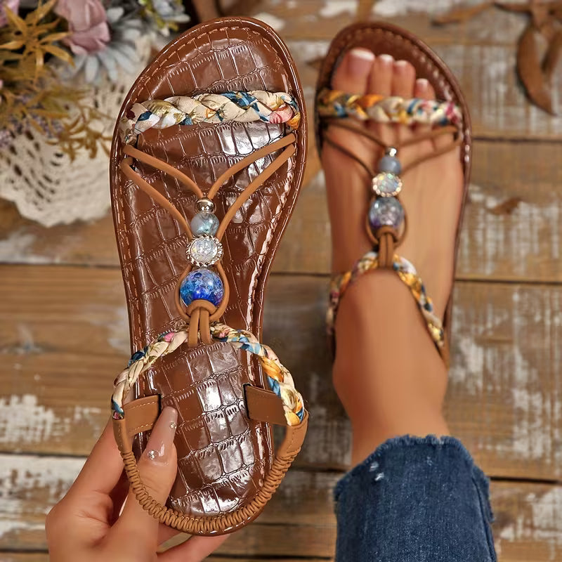 Women’s Beaded Toe-Post Sandals – Braided Flat Boho Style for Summer