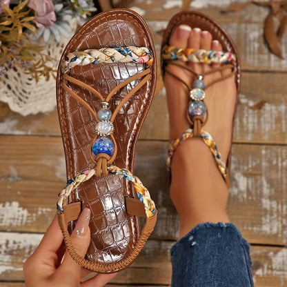 Women’s Beaded Toe-Post Sandals – Braided Flat Boho Style for Summer
