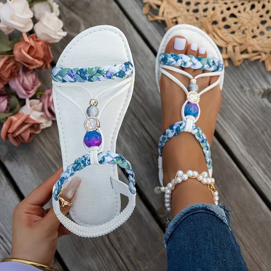 Women’s Beaded Toe-Post Sandals – Braided Flat Boho Style for Summer