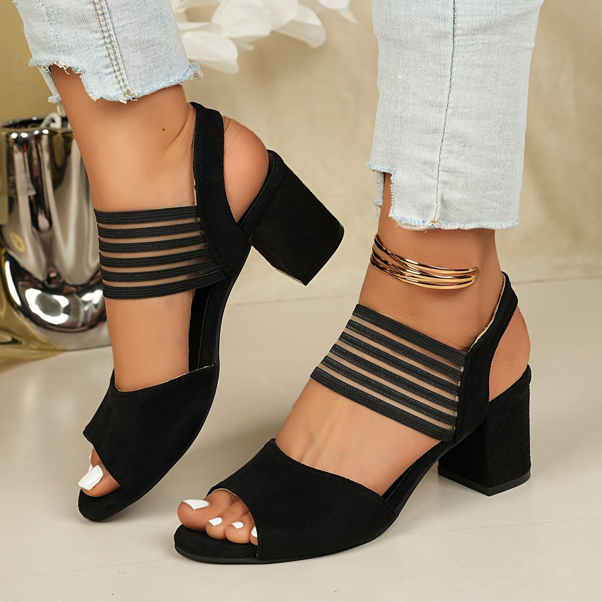 Women’s Elastic Strap Block Heel Sandals – Comfortable Open-Toe Style for Spring and Summer