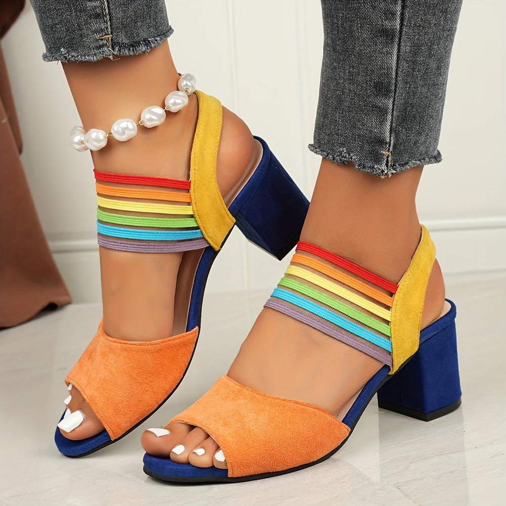 Women’s Elastic Strap Block Heel Sandals – Comfortable Open-Toe Style for Spring and Summer
