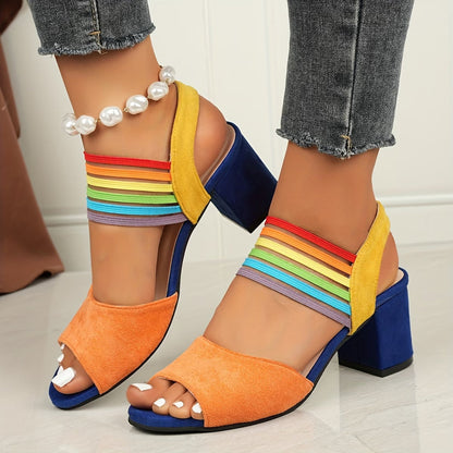 Women’s Elastic Strap Block Heel Sandals – Comfortable Open-Toe Style for Spring and Summer