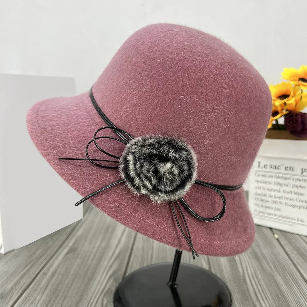 Women’s Wool-Blend Cloche Winter Hat – Vintage Dome Brim Cap with Floral Bow Detail