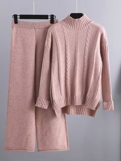 Women’s Ribbed Turtleneck Knit Set – Relaxed Long-Sleeve Jumper and Wide-Leg Trousers for Cold-Weather Wear