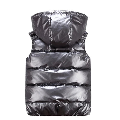 Men’s Glossy Cotton Puffer Gilet – Hooded Sleeveless Winter Layer with Zip Pockets