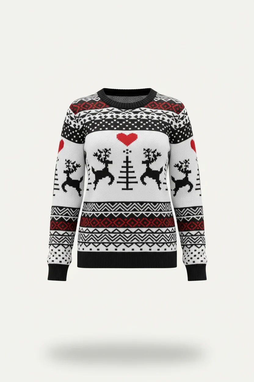 Women’s Holiday Pattern Sweater – Playful Crew Neck Knit for Christmas Events