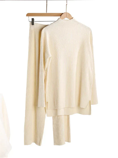 Women’s High-Neck Knit Co-Ord Set – Relaxed Longline Pullover with Straight-Leg Trousers for Casual Lounge Wear