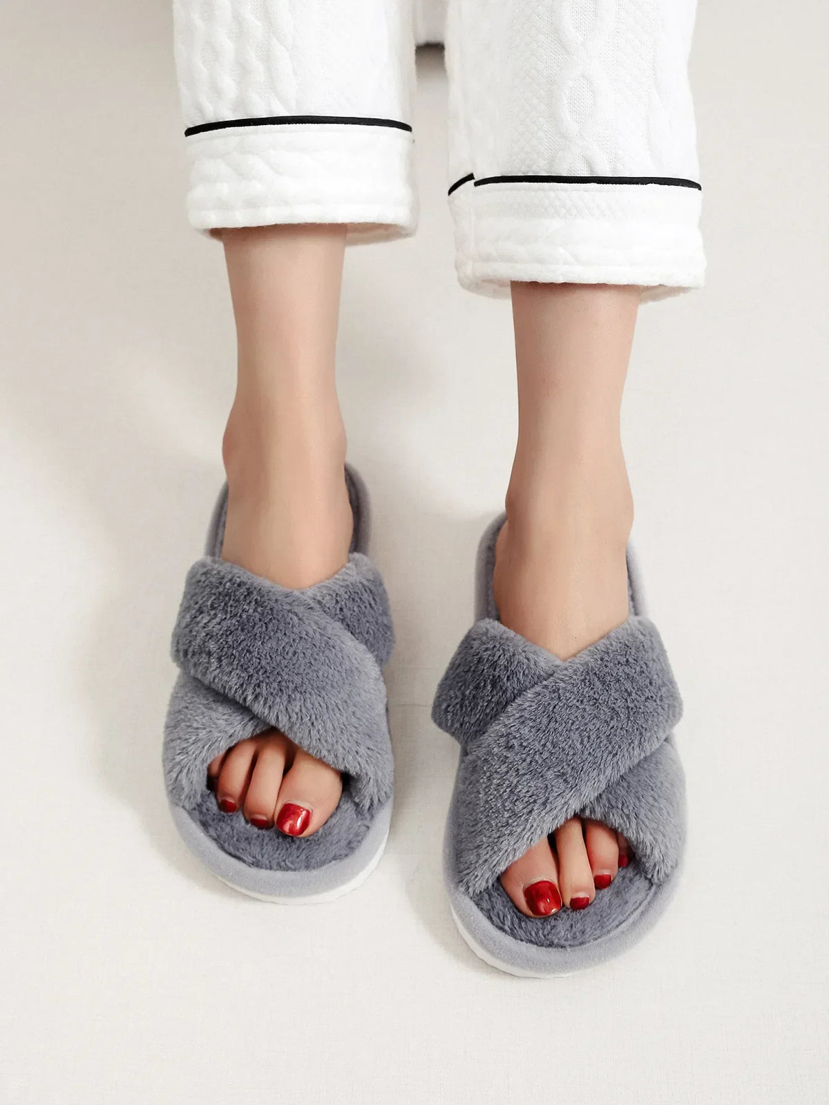 Women’s Plush Cross-Strap Slippers – Fluffy Open-Toe House Shoes with Lightweight Flat Soles