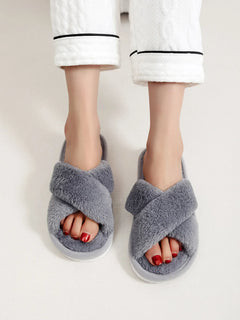 Women’s Plush Cross-Strap Slippers – Fluffy Open-Toe House Shoes with Lightweight Flat Soles