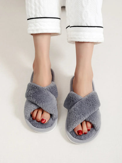 Women’s Plush Cross-Strap Slippers – Fluffy Open-Toe House Shoes with Lightweight Flat Soles