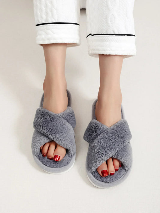Women’s Plush Cross-Strap Slippers – Fluffy Open-Toe House Shoes with Lightweight Flat Soles