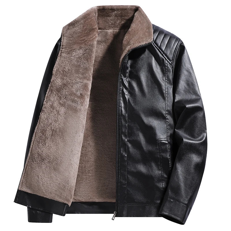 Men’s Fleece-Lined Leather Jacket – Retro Biker Outerwear with Warm Turn-Down Collar