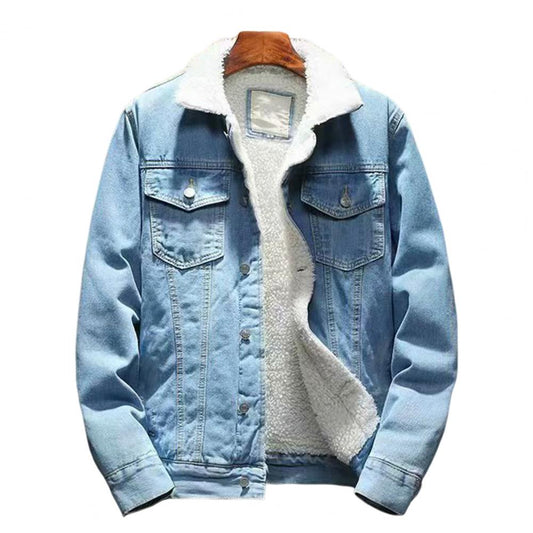 Men’s Sherpa-Lined Denim Winter Jacket – Thick Fleece-Lined Button-Up Trucker Jacket with Chest Pockets