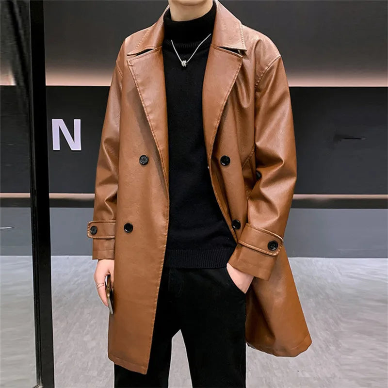 Men’s Long PU Leather Trench Coat – Quilted Winter Jacket with Classic Lapel Collar