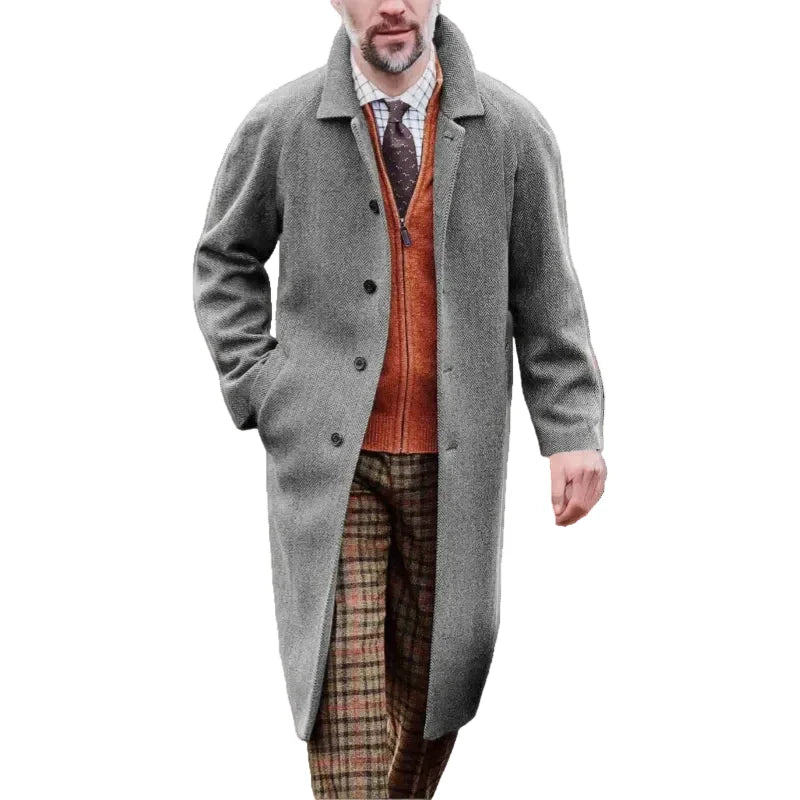 Men’s Herringbone Wool-Blend Overcoat – Smart Tailored Long Coat for Winter Business Casual and Formal Wear