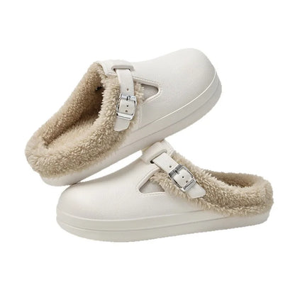 Women’s Buckle-Strap Clog Slippers – Fleece-Lined Winter Mules with Thick Cushioned Sole