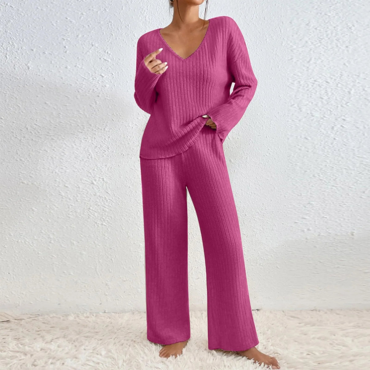 Women’s Ribbed Knit Trouser Co-Ord Set – Relaxed V-Neck Sweater with Wide-Leg Trousers for Autumn and Winter Wear
