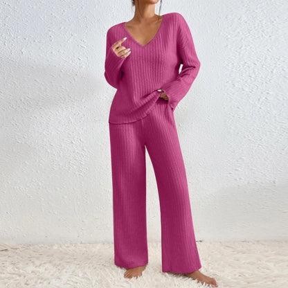 Women’s Ribbed Knit Trouser Co-Ord Set – Relaxed V-Neck Sweater with Wide-Leg Trousers for Autumn and Winter Wear