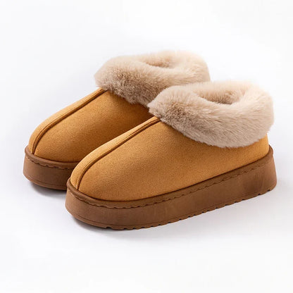 Women’s Plush-Lined Winter Slippers – Faux-Suede Platform Slip-On House Shoes with Fluffy Faux-Fur Trim