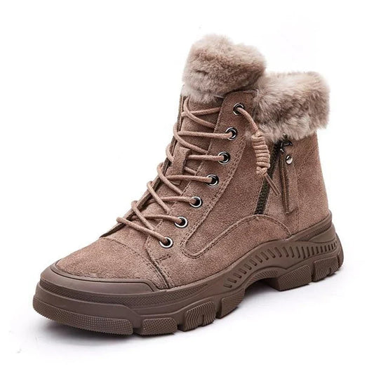 Women’s Genuine Leather Plush-Lined Snow Boots – Lace-Up Chunky Sole Winter Ankle Boots with Anti-Slip Tread