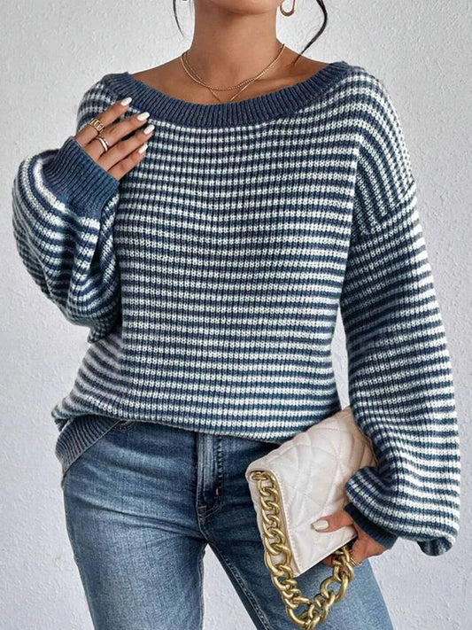 Women’s Oversized Jumper – Striped Knit with Bardot Neckline