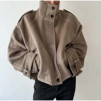 Women’s Oversized High-Neck Winter Jacket – Relaxed Drop-Shoulder Button-Front Coat with Utility Epaulettes