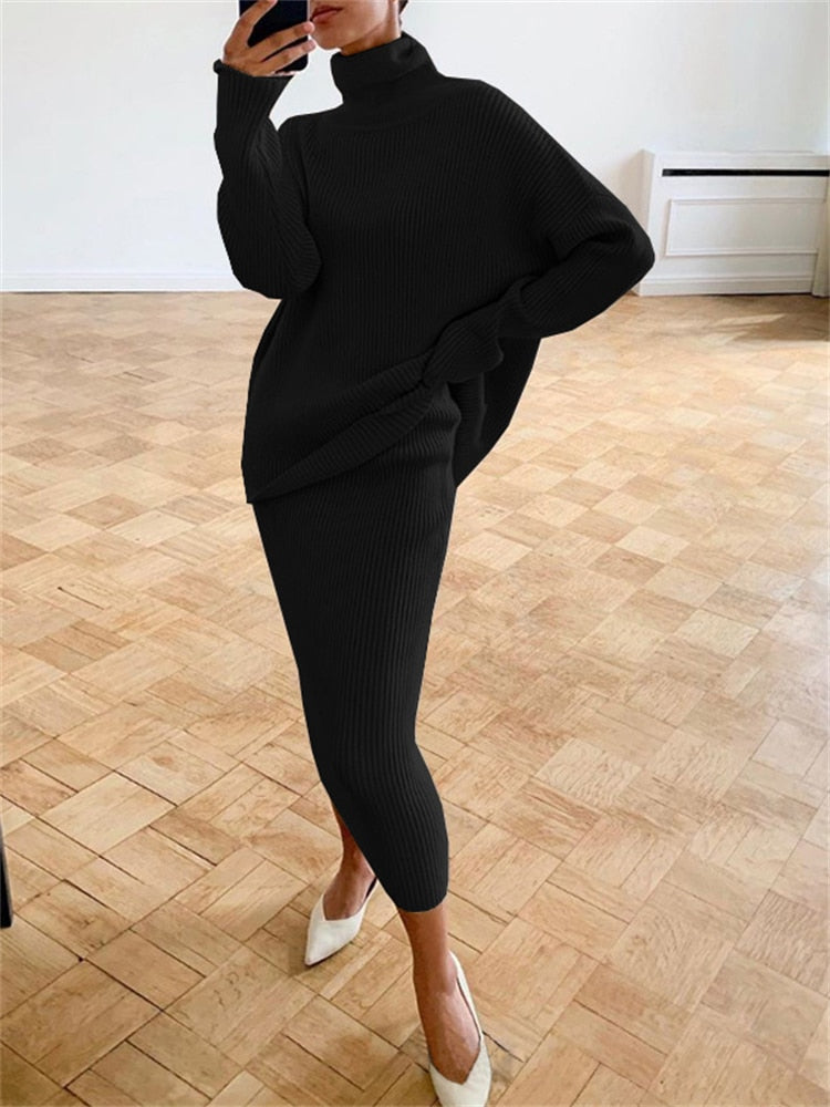 Women’s Turtleneck Knit Skirt Set – Relaxed Long-Sleeve Jumper with Slim Midi Skirt for Autumn Wear